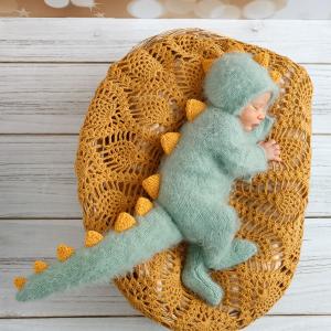Handmade Knitted Dinosaur Costume for Kids – Green with Yellow Spikes, Soft & Cozy Outfit for Parties, Holidays, Photoshoots, or Play"