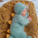 Handmade Knitted Dinosaur Costume for Kids – Green with Yellow Spikes, Soft & Cozy Outfit for Parties, Holidays, Photoshoots, or Play"